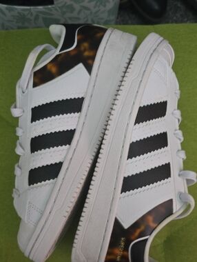 adidas Superstar White Black Sneakers with Tortoiseshell Accent
